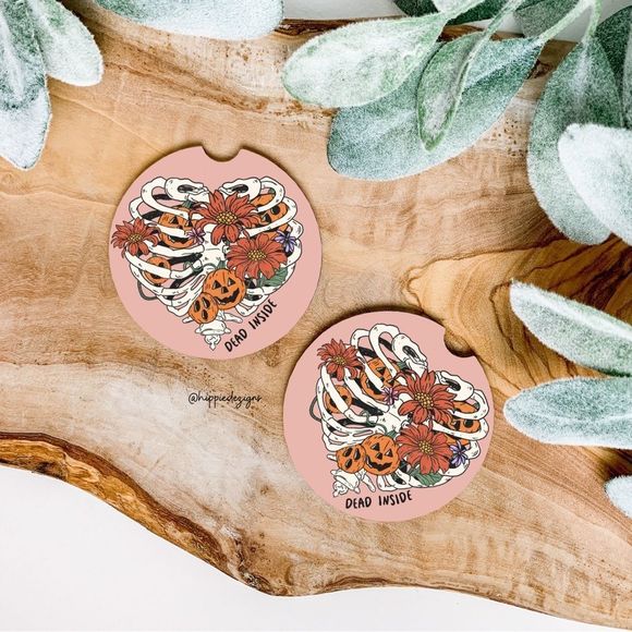 Floral Dead Inside Skeleton Halloween Car Coaster Set - Picture 1 of 7